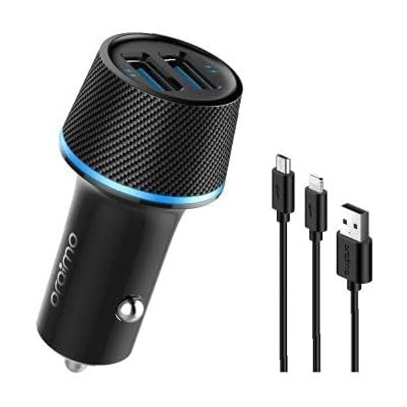 Oraimo OCC-21D Dual USB Car Charger 10.5W with Type-C to Lightning Cable – Black