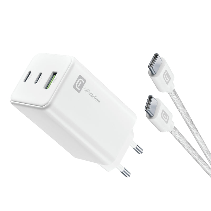 شاحن حائط Cellularline Nano GaN بقدرة 100 واط مع كابل USB-C 5A – أبيض