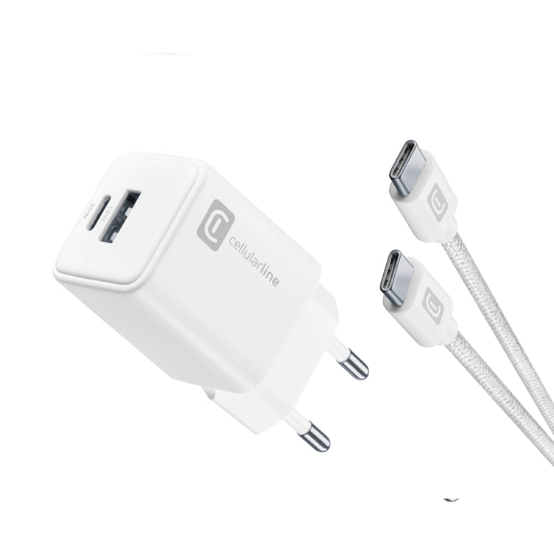 شاحن حائط Cellularline Nano GaN بقدرة 30 واط مع كابل USB-C 5A – أبيض