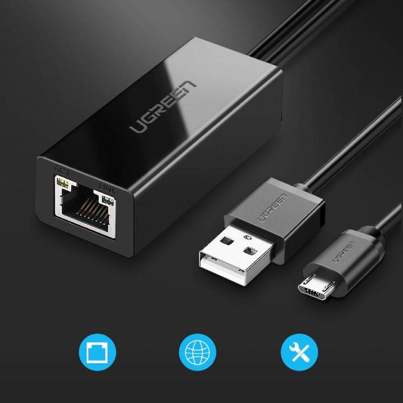 يوجرين 30985 محول شبكة إيثرنت من Micro USB إلى RJ45 لجهاز Chromecast بسرعة 100 ميجابت في الثانية وكابل بطول 1 متر – أسود