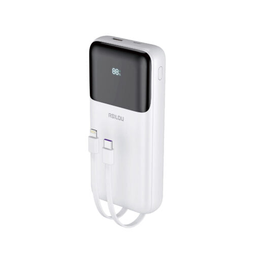 Rsilou 20000mAh Power Bank 22.5W with Built-in USB-C & Lightning Cables, R1013-002 - White