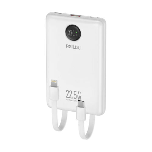 Rsilou 10000mAh Power Bank 22.5W with Built-in USB-C & Lightning Cables, LED Display, R1023-002 - White