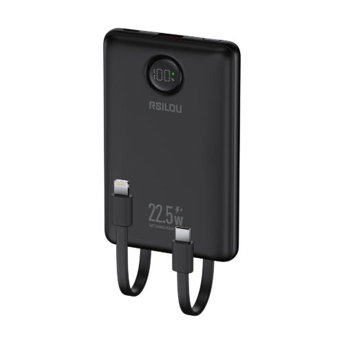 باور بانك RSILOU بسعة 10000 مللي أمبير، 22.5 وات PD مع كابلات USB-C وLightning مدمجة وشاشة رقمية – R1023-001 – أسود