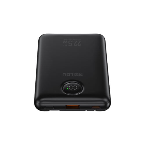 باور بانك RSILOU بسعة 10000 مللي أمبير، 22.5 وات PD مع كابلات USB-C وLightning مدمجة وشاشة رقمية – R1023-001 – أسود
