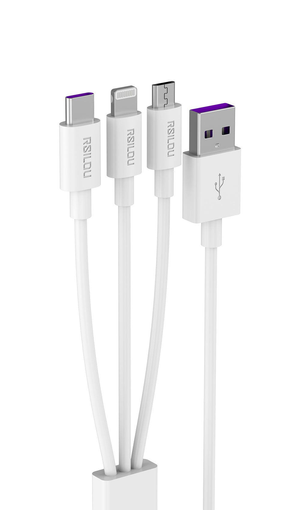 Rsilou 3-in-1 USB-A to Lightning, USB-C & Micro USB Fast Charging Cable 120W 1.2m, R2017-001 - White