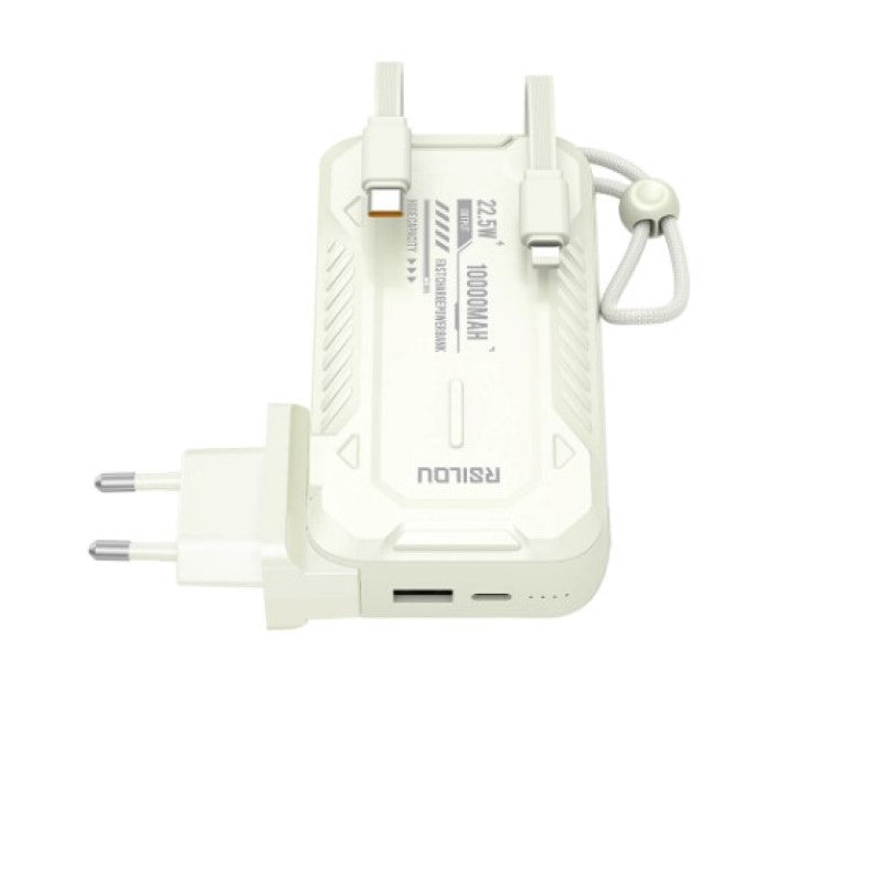 Rsilou Power Bank 10000mAh 22.5W Built-in Cables AC Plug R1026-001 – White