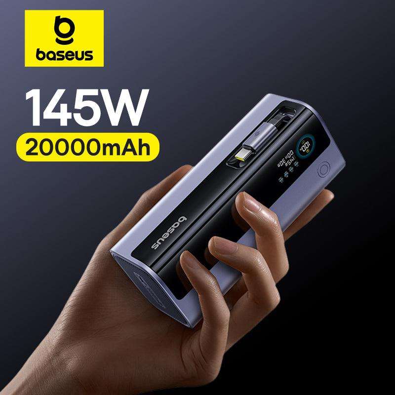 Baseus Power Bank, 20000mAh, 145W Fast Charging with Built-in USB-C Cable, FGR11 - Black