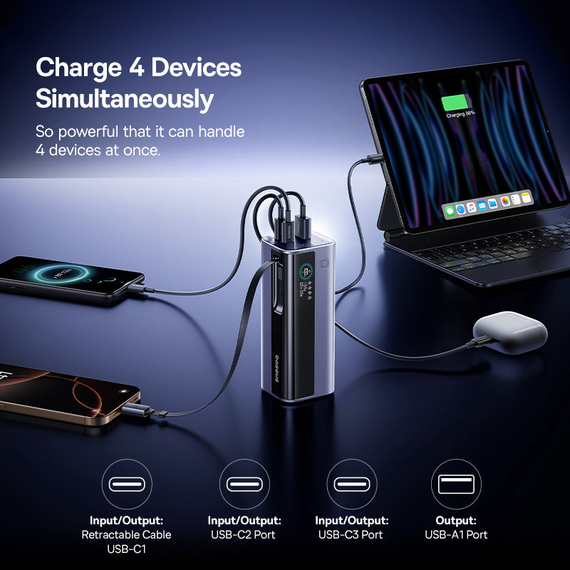 Baseus Power Bank, 20000mAh, 145W Fast Charging with Built-in USB-C Cable, FGR11 - Black