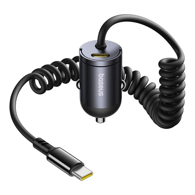 Baseus 30W Mini Car Charger Adapter with Built-in Cable, Black