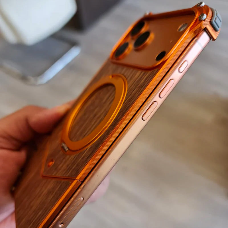 iPhone 17 Pro Max Back Cover Magnetic Metal Premium Wooden Frameless - Orange