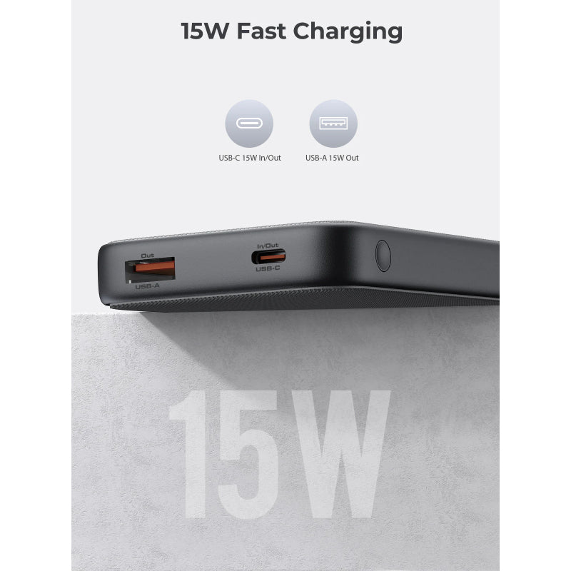 Aukey Spark Go Power Bank 10000mAh, 15W Fast Charging, Dual Ports USB-C & USB-A PB-Y46 – White