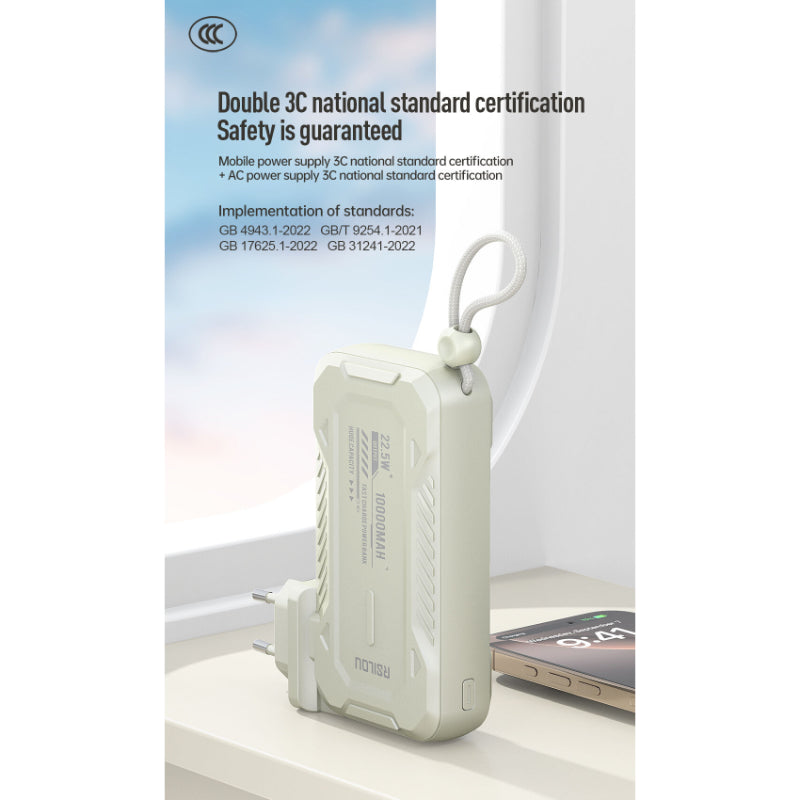 Rsilou Power Bank 10000mAh 22.5W Built-in Cables AC Plug R1026-001 – White