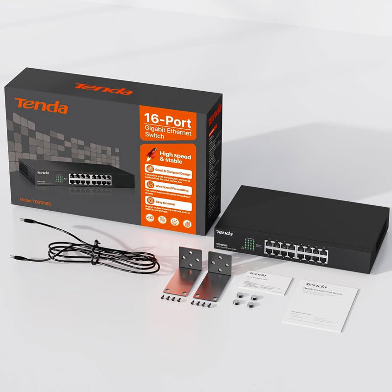 Tenda TEG1016D | 16-Port Gigabit Ethernet Switch | Desktop Network Splitter | Sturdy Metal | Fanless | Plug & Play | Traffic Optimization | Unmanaged | Limited Lifetime Protection