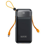 iLock Wired Power Bank, 10000 mAh, 3 Port, Dual USB-A + USB-C + Built in USB-C Cable + Built in Lightning Cable - Black