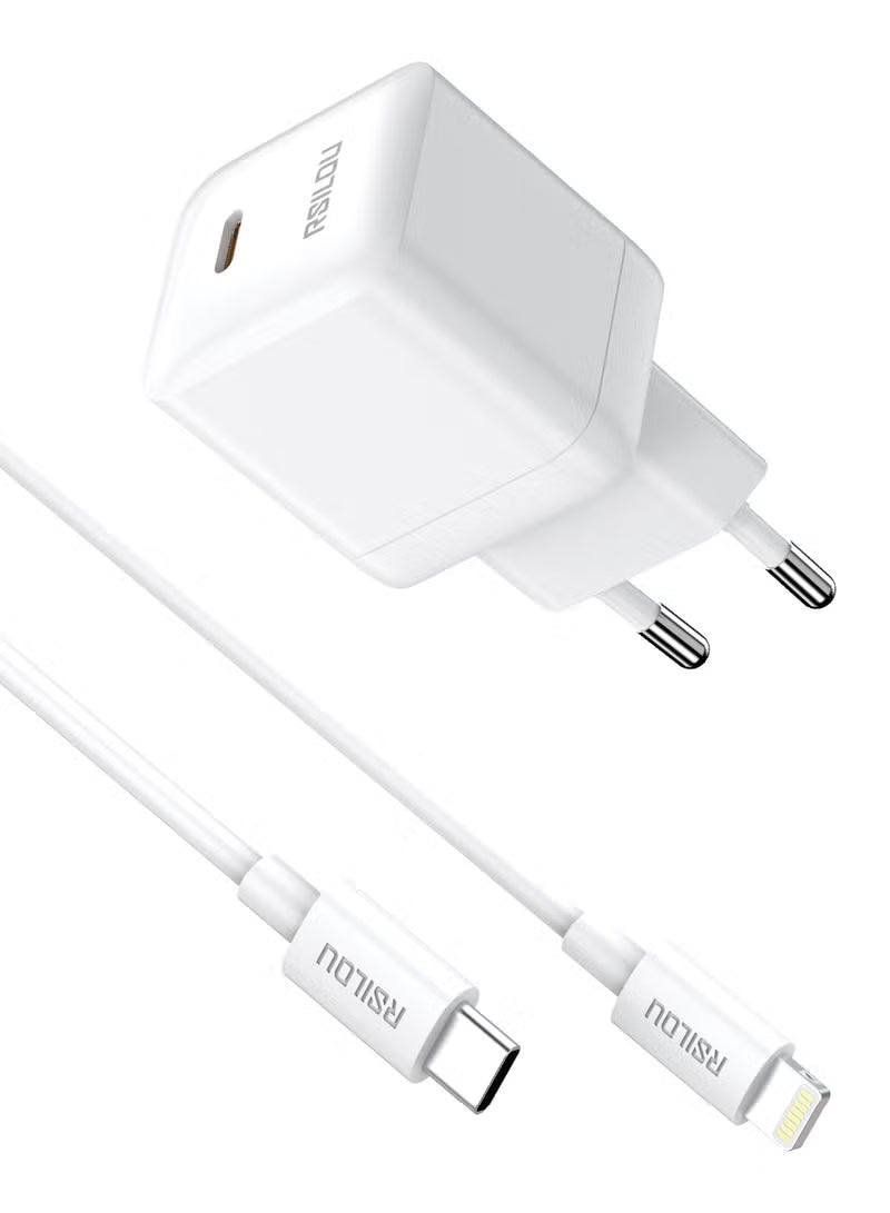 شاحن حائط RSILOU GaN بقدرة 30 وات مع كابل Type-C إلى Lightning – أبيض (R4262-002)