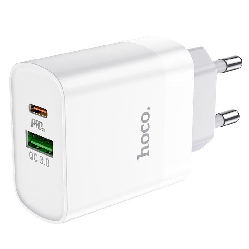 شاحن حائط هوكو C80A بقدرة 20 وات PD بمنفذي USB-A وUSB-C - أبيض