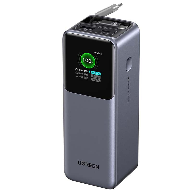 باور بانك UGREEN سعة 20000mAh شحن سريع 165W بكابل مدمج – أسود (PB726)