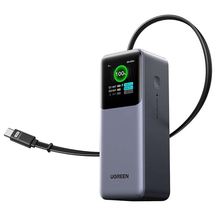 باور بانك UGREEN سعة 20000mAh شحن سريع 165W بكابل مدمج – أسود (PB726)