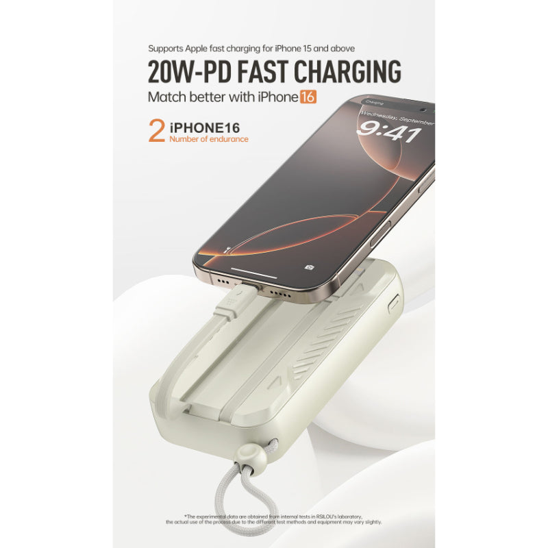 Rsilou Power Bank 10000mAh 22.5W Built-in Cables AC Plug R1026-001 – White
