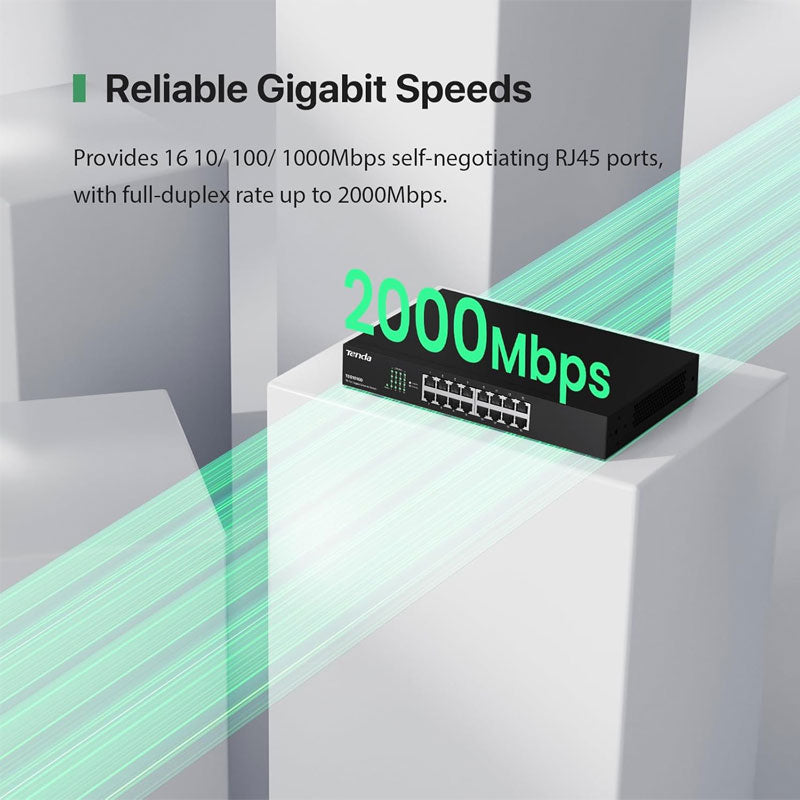 Tenda TEG1016D | 16-Port Gigabit Ethernet Switch | Desktop Network Splitter | Sturdy Metal | Fanless | Plug & Play | Traffic Optimization | Unmanaged | Limited Lifetime Protection