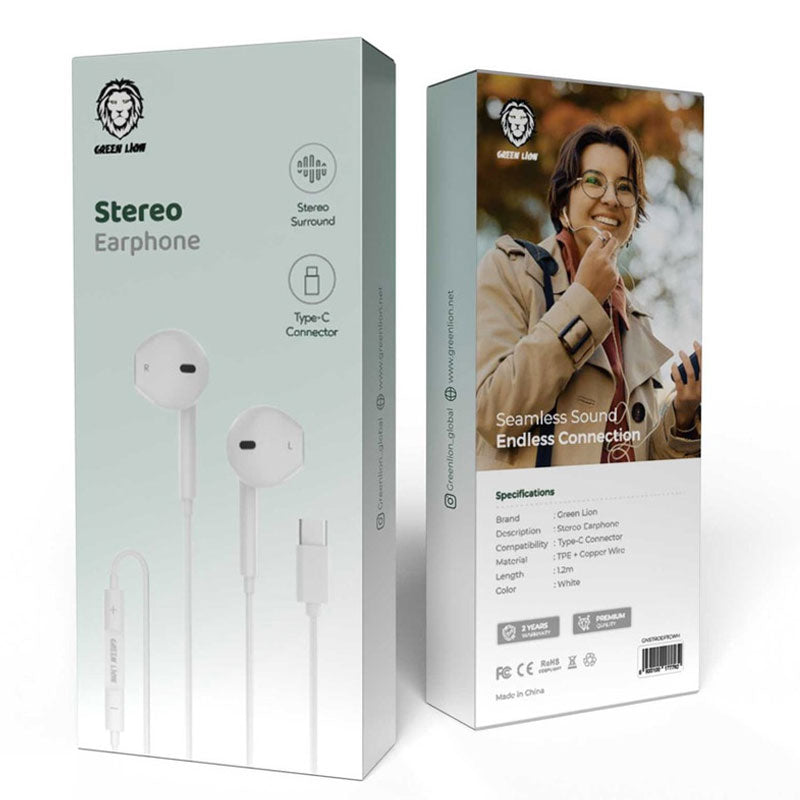 Green Lion Wired Type-C Stereo Earphones - 1.2M - White