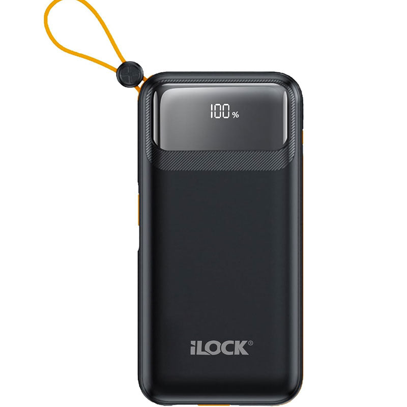 iLock Wired Power Bank, 10000 mAh, 3 Port, Dual USB-A + USB-C + Built in USB-C Cable + Built in Lightning Cable - Black