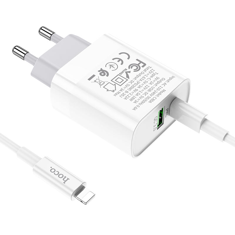 شاحن حائط HOCO C80A بقدرة 20 واط بتقنية PD مع كابل USB-C إلى Lightning - أبيض