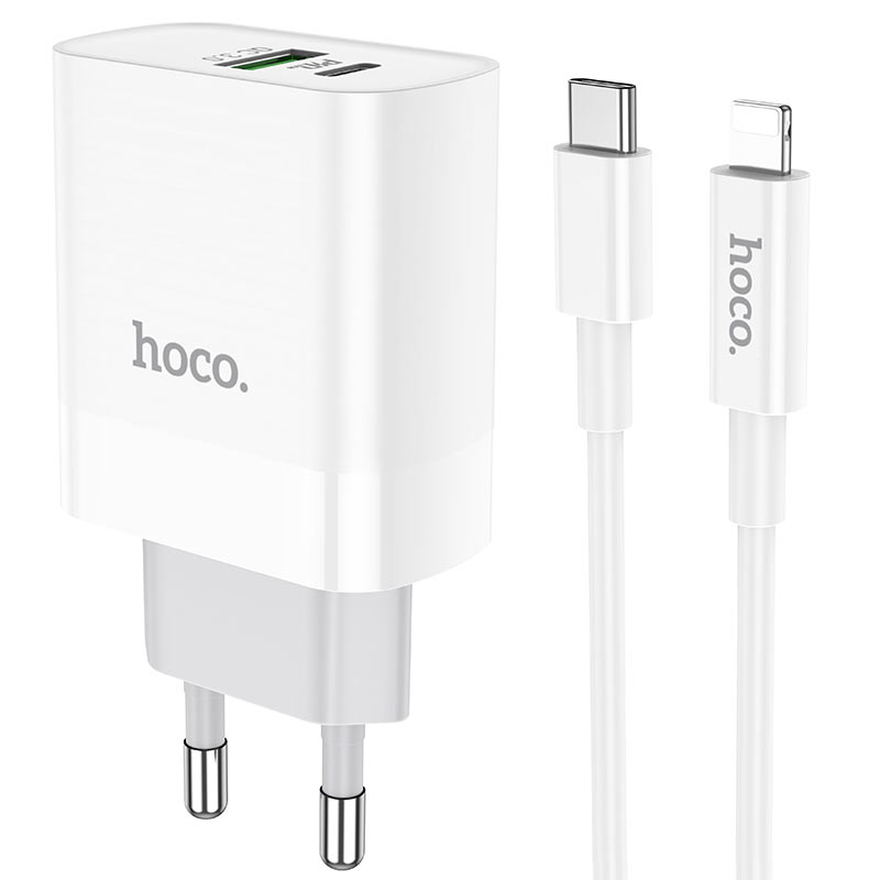 شاحن حائط HOCO C80A بقدرة 20 واط بتقنية PD مع كابل USB-C إلى Lightning - أبيض