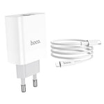 شاحن حائط HOCO C80A بقدرة 20 واط بتقنية PD مع كابل USB-C إلى Lightning - أبيض