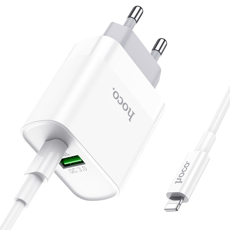 شاحن حائط HOCO C80A بقدرة 20 واط بتقنية PD مع كابل USB-C إلى Lightning - أبيض