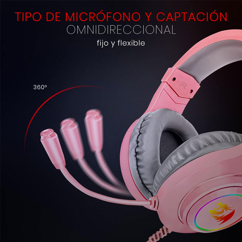 Redragon , H260 , Hylas Wired Gaming Headset , 50mm Drivers , Stereo Surround, Noise Cancelling Mic & Dynamic RGB - Pink
