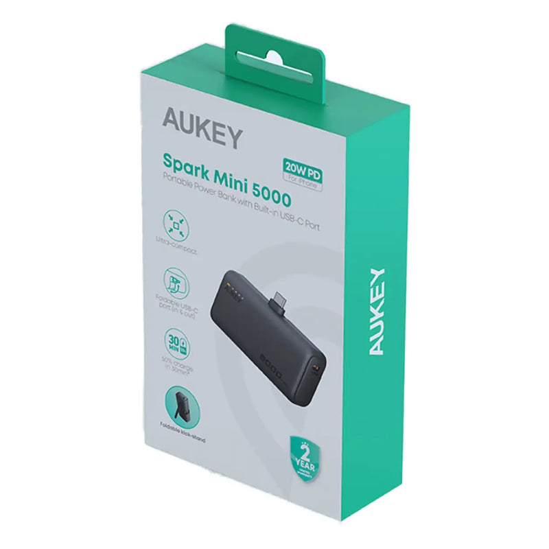 Aukey Spark Mini Power Bank 5000mAh, 20W PD Fast Charge, Built-in USB-C Port PB-Y59 – Grey