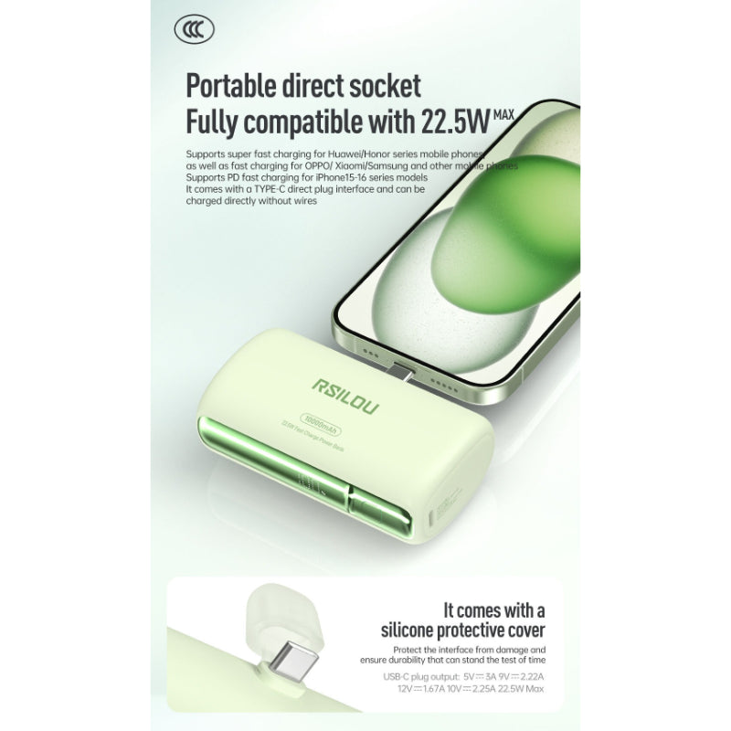 Rsilou Mini Capsule Power Bank 10000mAh 22.5W Built-in Cable