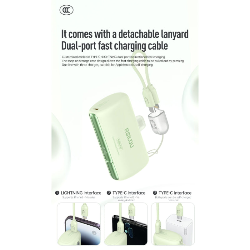 Rsilou Mini Capsule Power Bank 10000mAh 22.5W Built-in Cable