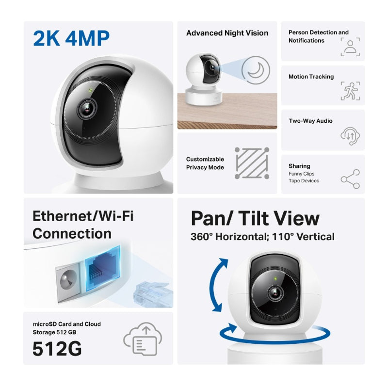 Tapo Indoor Wi-Fi Security Camera Pan/Tilt 2K C222 – White