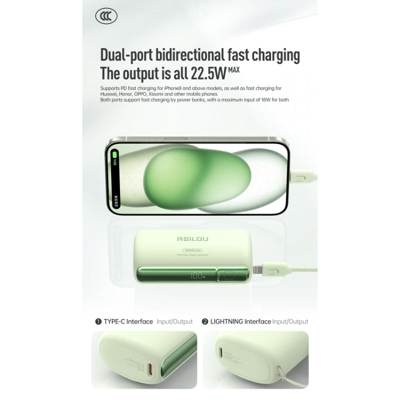 Rsilou Mini Capsule Power Bank 10000mAh 22.5W Built-in Cable