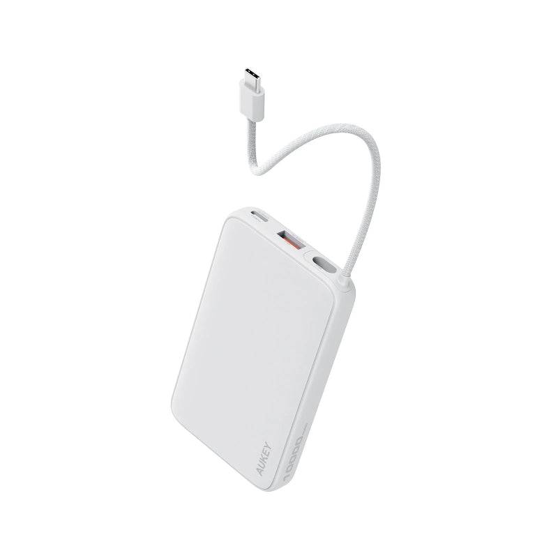 Aukey Spark Sling Lite Power Bank 10000mAh, 15W Fast Charging, Built-in USB-C Cable PB-Y53 – White