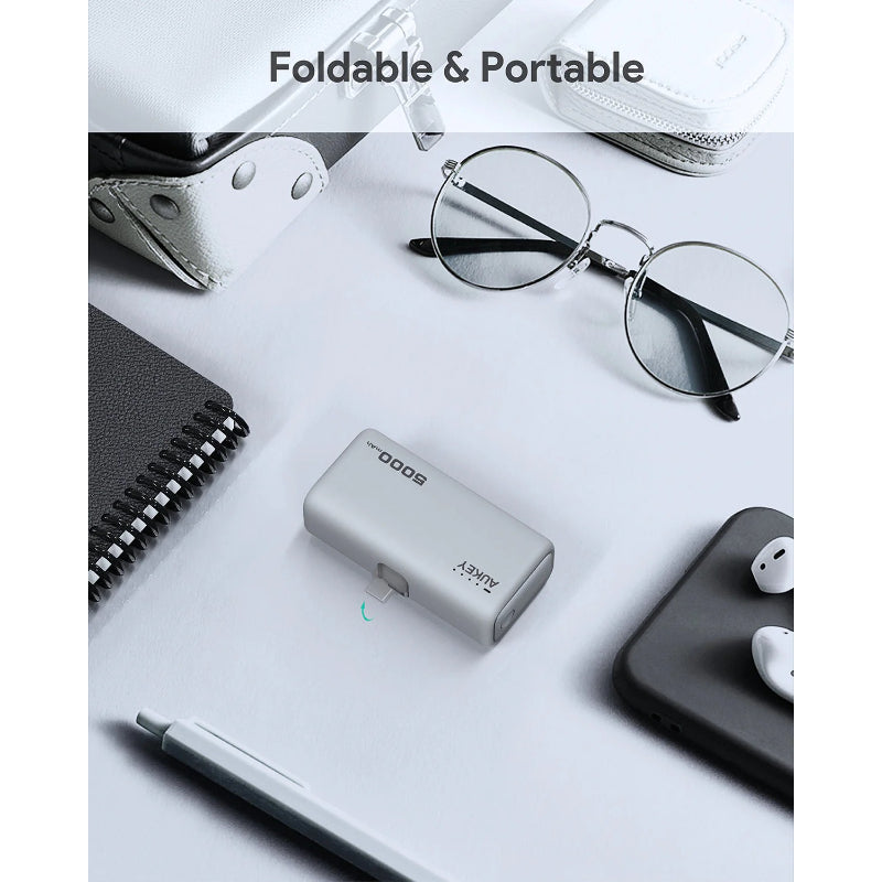 Aukey Spark Mini Power Bank 5000mAh, 20W PD Fast Charge, Built-in USB-C Port PB-Y59 – Grey
