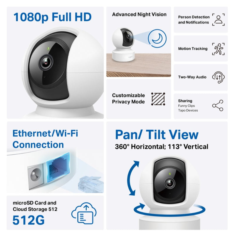 Tapo Indoor Wi-Fi Security Camera Pan/Tilt 1080P C202 – White