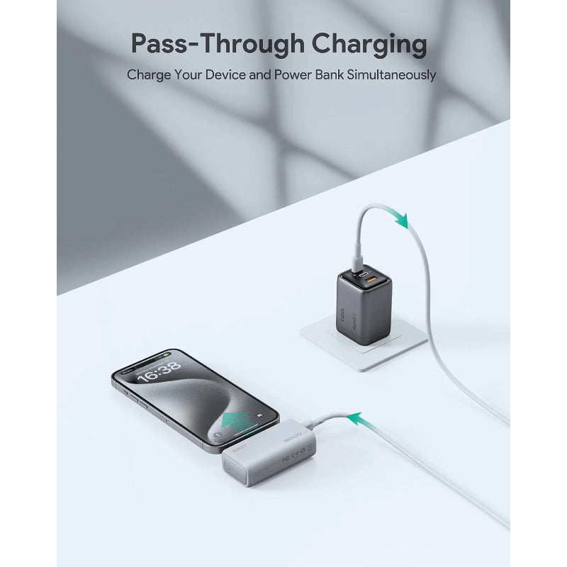 Aukey Spark Mini Power Bank 5000mAh, 20W PD Fast Charge, Built-in USB-C Port PB-Y59 – White