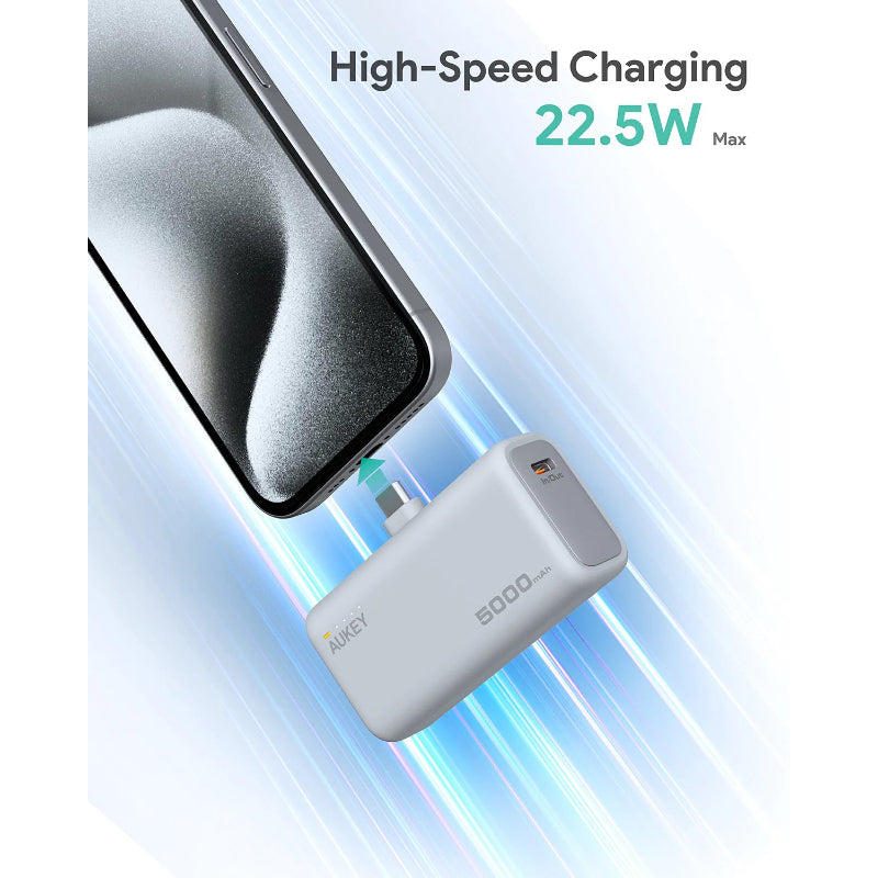 Aukey Spark Mini Power Bank 5000mAh, 20W PD Fast Charge, Built-in USB-C Port PB-Y59 – White