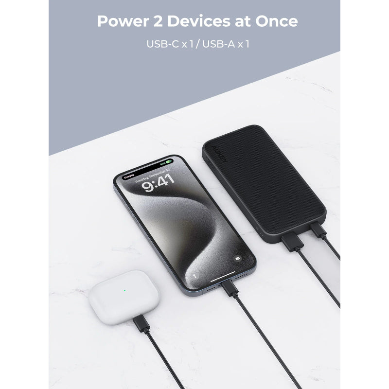 Aukey Spark Go Power Bank 10000mAh, 15W PD Fast Charging, Dual Ports PB-Y46 – Gray
