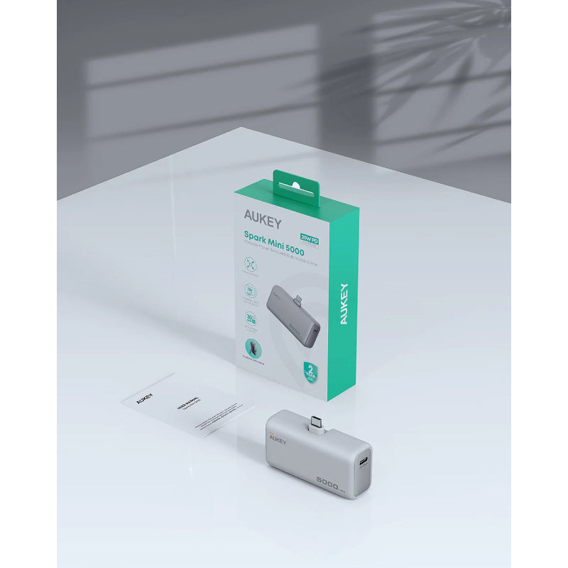 Aukey Spark Mini Power Bank 5000mAh, 20W PD Fast Charge, Built-in USB-C Port PB-Y59 – Grey