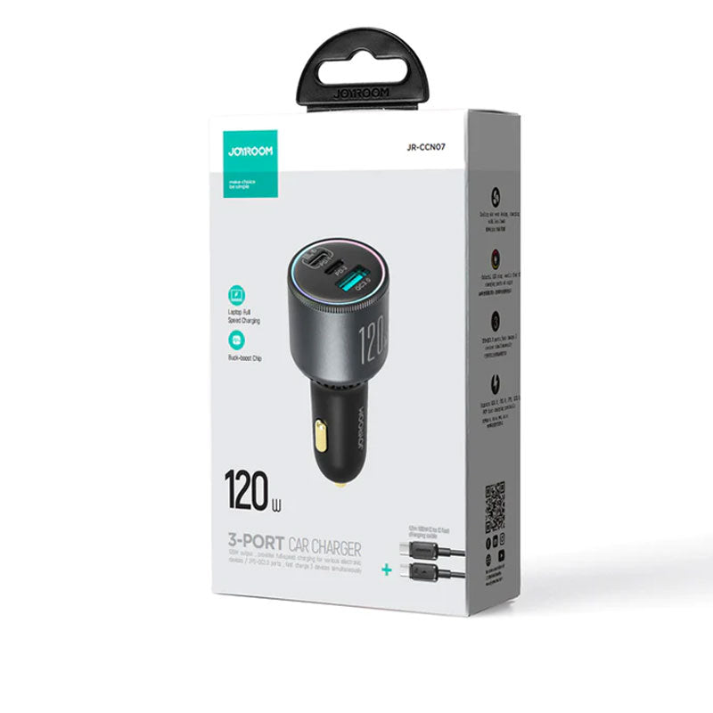 JoyRoom JR-CCN07 Car Charger 120W 3-Ports + Cable Type-C To Type-C - Black