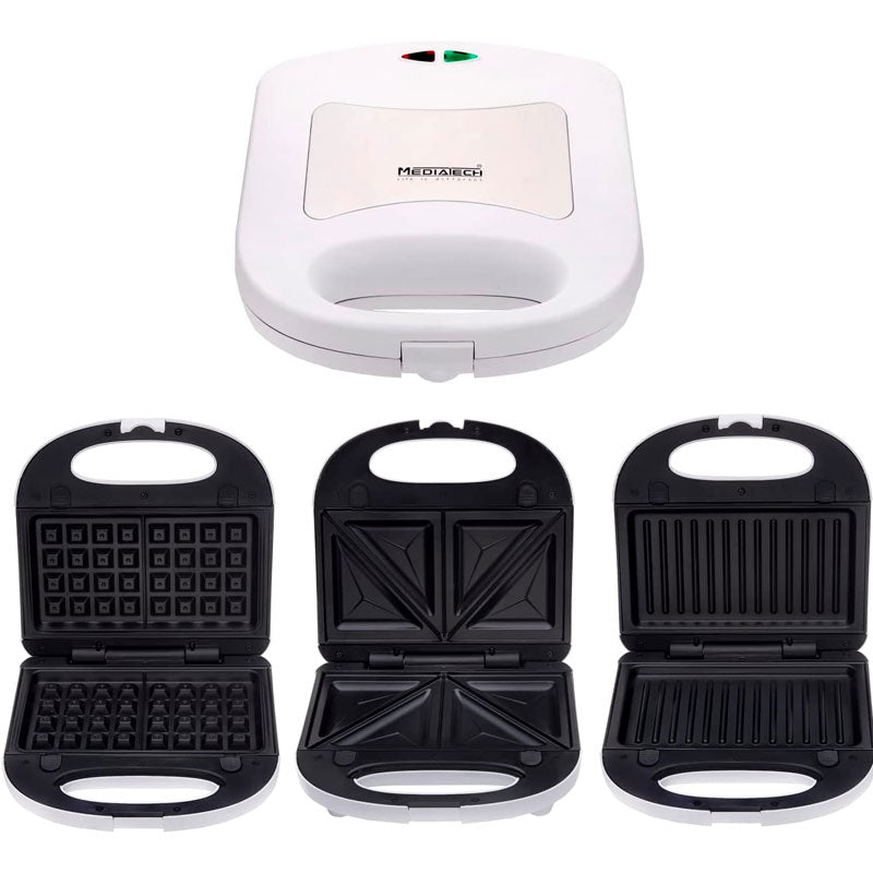 MediaTech 3 In 1 Sandwich Maker , Waffle & Grill, 700 Watt, White - MT-206