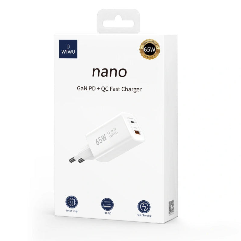 WiWU Nano Series GaN 65W Fast Wall Charging 2 Ports (Type-C & USB), Wi-012EU - White