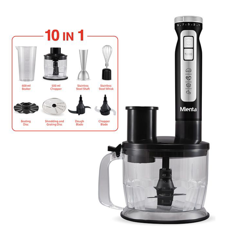 Mienta Turbo Pro 10 in 1 Hand Blender with Chopper ,1000 Watt , 2Liter, HB111538A - Black