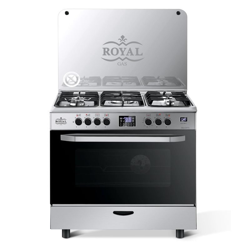 Royal Master Chef Pro Gas Cooker, 90 x 60 Cm, 5 Burners, Full Safety, Digital Screen, Fan - Stainless Steel