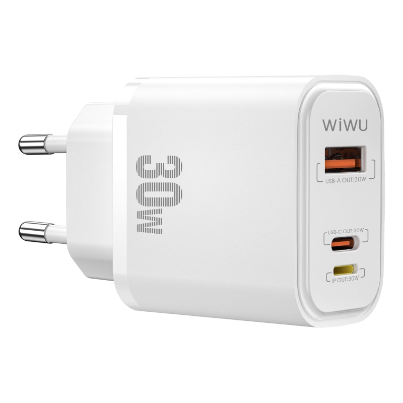 WIWU Wi-U021 SiC PD+QC Fast Charger 30W 3 Port (USB-C+ Lightning + USB-A) - White