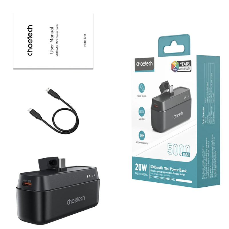 Choetech B740 Power Bank, 5000mAh, 20W Fast Charging, Type-C Port - Black